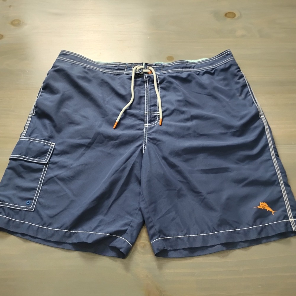 Tommy Bahama Swim Shorts Trunks Mens XXL Blue Cargo Lined Orange Marlin Beach